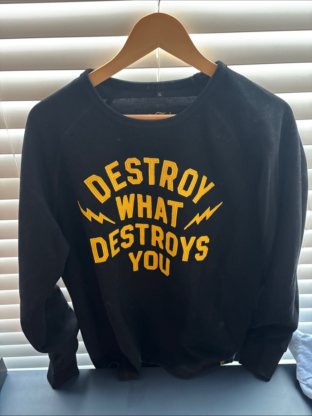 Black Crewneck Sweatshirt with Yellow 'Destroy What Destroys You' Graphic